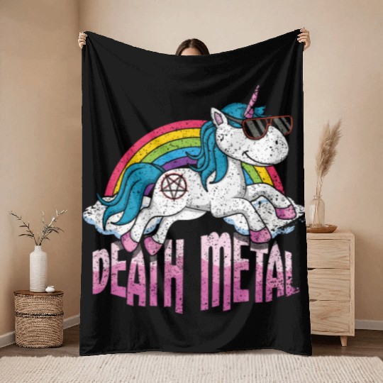 Rainbow Unicorn Love Metal Music Heavy Rocker Throw Blankets
