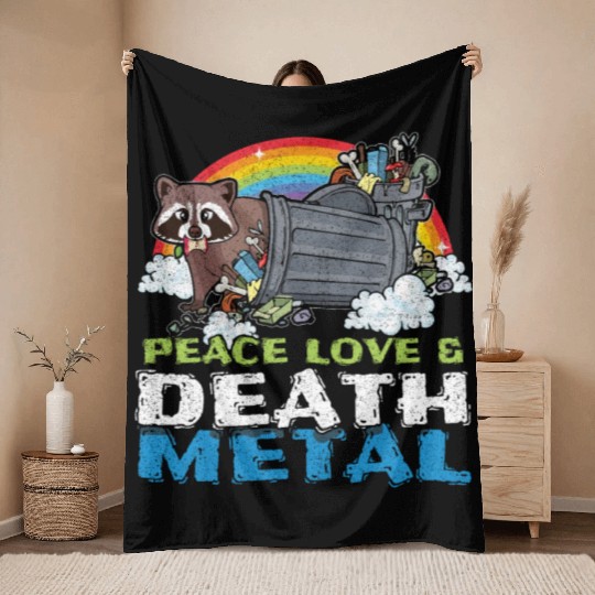 Trash Racoon Love Peace Metal Music Heavy Rock Throw Blankets