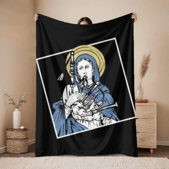 Mary Mother of Jesus Playing Bagpipes - Funny Throw Blankets