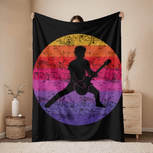 Bass Guitar Player Musician Bassist Vintage Retro Throw Blankets