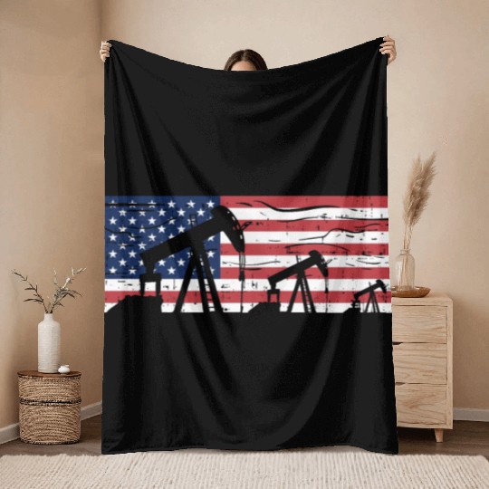 US American Flag Oilfield Oil Field Rig Refinery W Throw Blankets