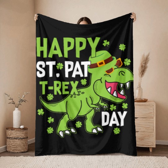 Happy St. Pat Trex Day Dinosaur St. Patrick's Day Throw Blankets