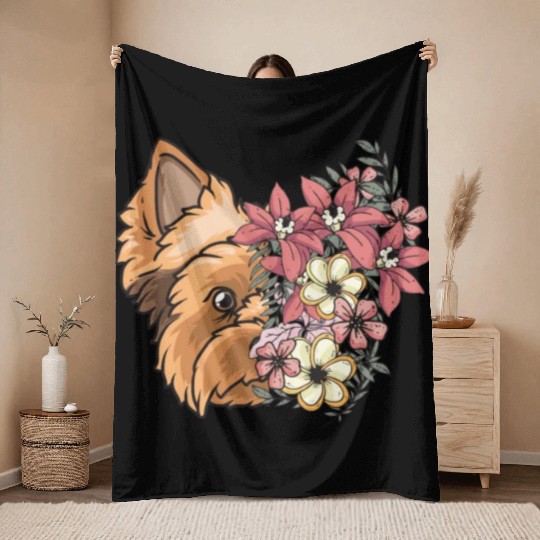 Yorkshire Terrier Dog Yorkie Face Flowers Throw Blankets