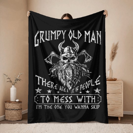 Grumpy Old Man Warrior Skull Viking Throw Blankets