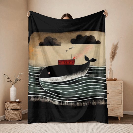 Whale and a ship Throw Blankets