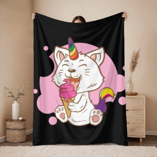 Cat Eating Ice Cream Rainbow Cat Lady Gift Idea Throw Blankets