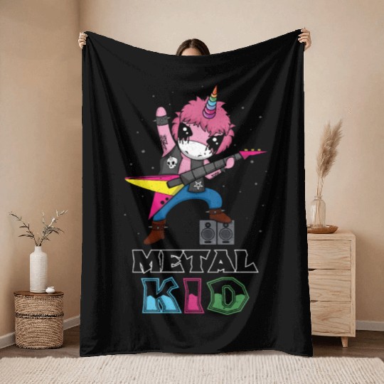 Rocker Unicorn Guitar Metal Kid Music Heavy Rock Throw Blankets