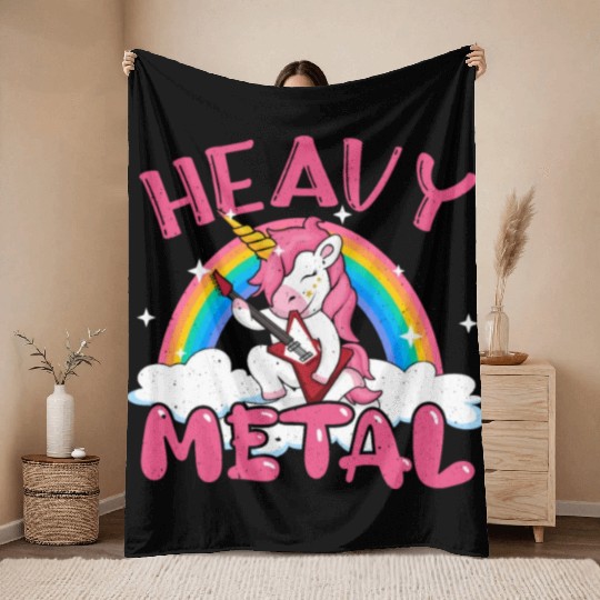 Guitarist Unicorn Rainbow Metal Music Heavy Rock Throw Blankets