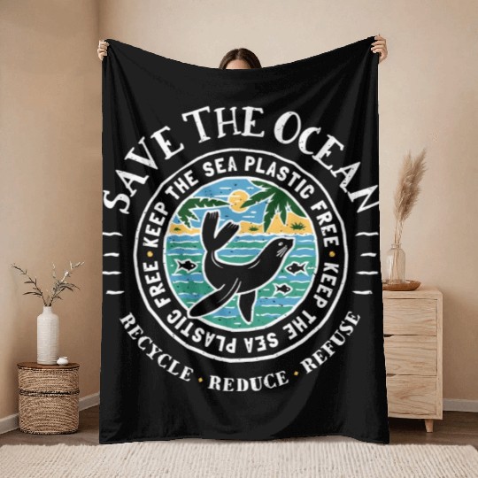 Keep The Sea Plastic Free Seal Save The Ocean Throw Blankets