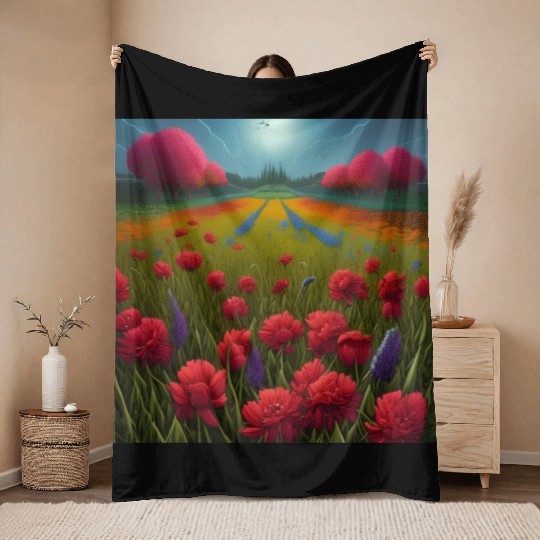 Beautiful Flowers along the Field Road Horizon Throw Blankets
