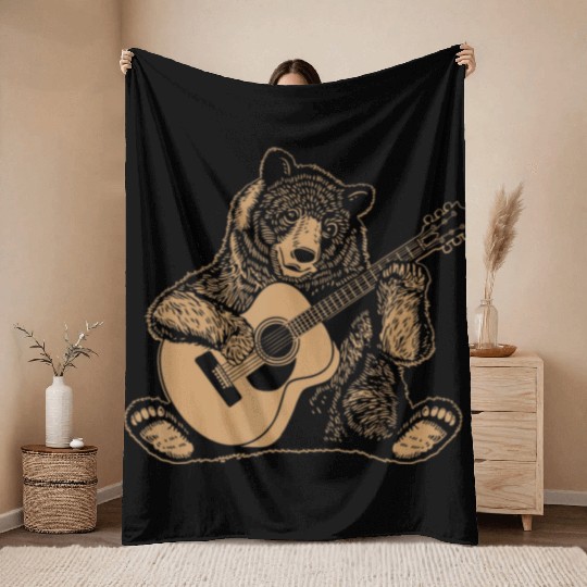 bear playing guitar bears rock guitarist panda Throw Blankets