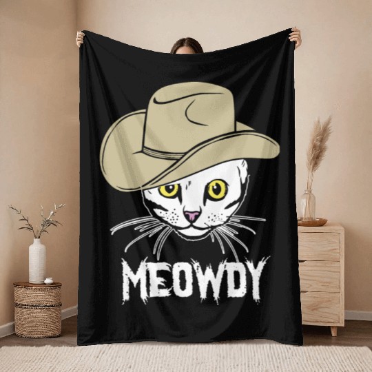 Meowdy Funny Cat Cowboy Hat Design Throw Blankets