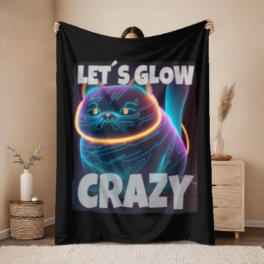 Lets Glow Crazy Cat Kitten Fluffy Cat Throw Blankets