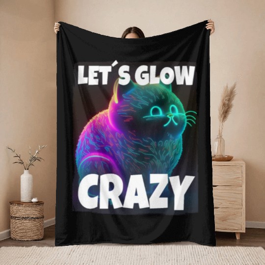 Lets Glow Crazy Cat Kitten Fluffy Cat Throw Blankets