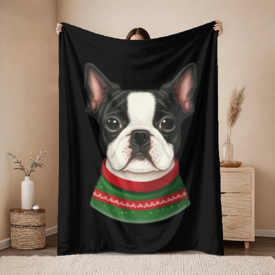 Festive Boston Terrier in a Christmas Sweater Throw Blankets