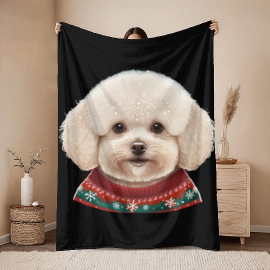 Festive Bichon Frise in a Christmas Sweater Throw Blankets