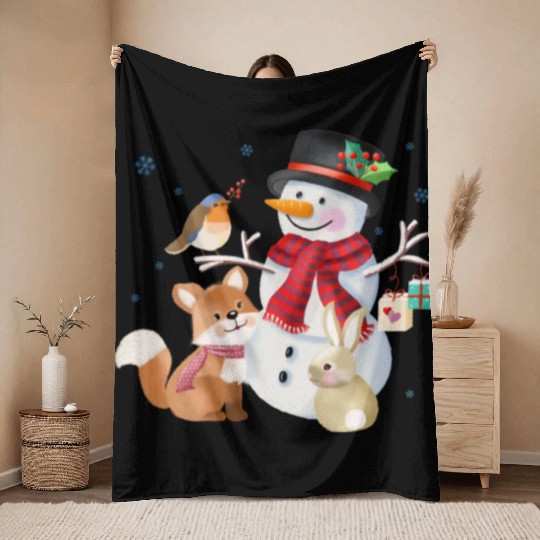 Snowman with fox, rabbit and robin Throw Blankets