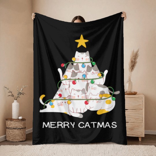 Meowy And Bright Christmas Tree Lights Funny Meowy Throw Blankets