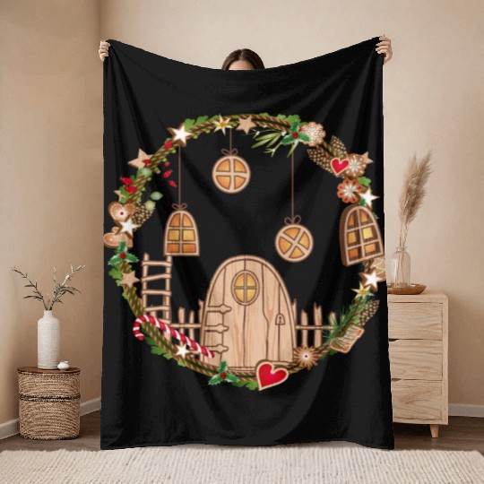 Elf door in Christmas wreath for Christmas Throw Blankets