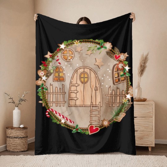 Elf door in Christmas wreath for Christmas Throw Blankets