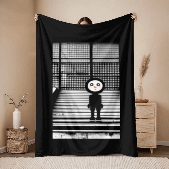 Kawaii Happy Snowman in Throw Blankets Standing on Steps