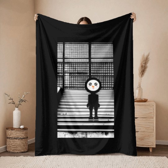 Kawaii Happy Snowman in Throw Blankets Standing on Steps