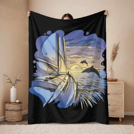 Boat sailing ocean sunset dolphin Boat sailing oce Throw Blankets