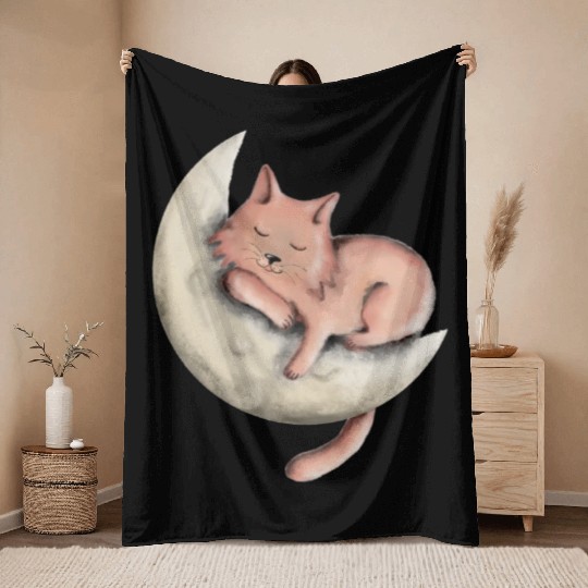 cute cat on the moon digital art |cat lovers Throw Blankets
