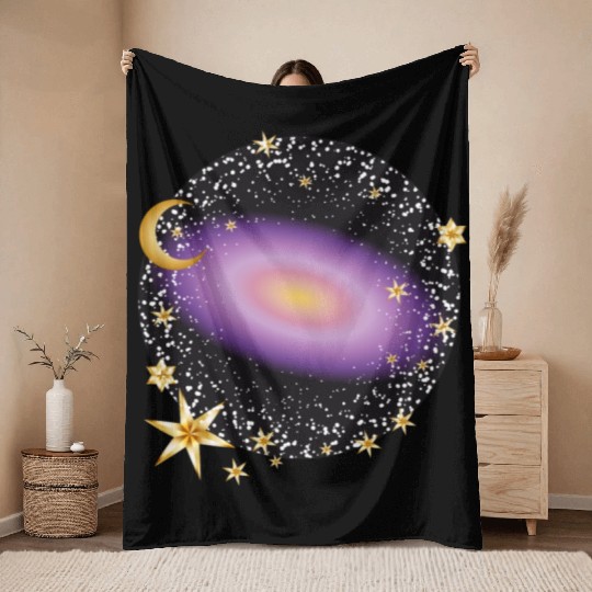 glowing violet galaxy with moon and stars Throw Blankets