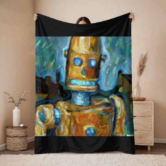 a van gogh painting of a cyberpunk robot Throw Blankets