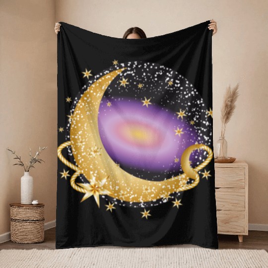 glowing violet galaxy with moon and stars Throw Blankets