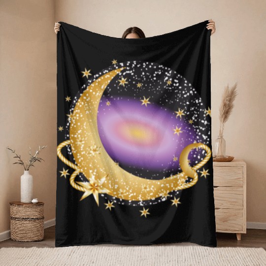 glowing violet galaxy with moon and stars Throw Blankets