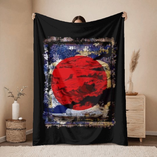 Japan Flag Red Circle Blue Mountain Collage Art 74 Throw Blankets