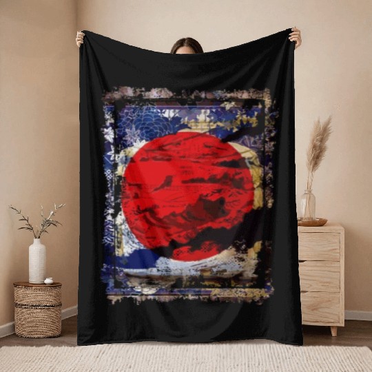 Japan Flag Red Circle Blue Mountain Collage Art 74 Throw Blankets
