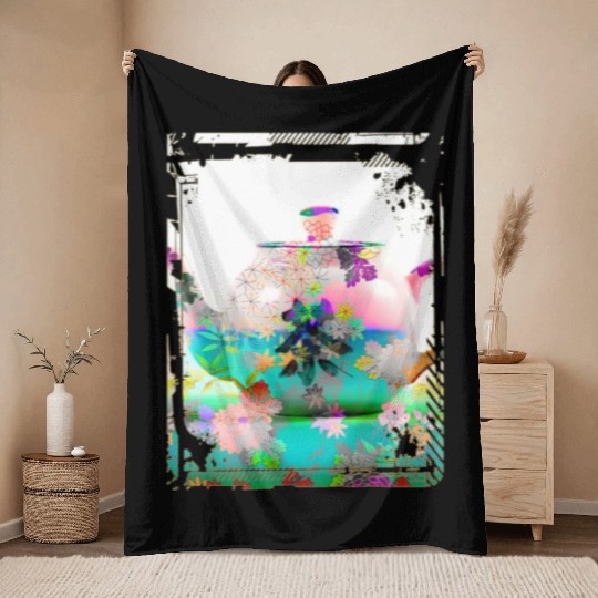 Japan Tea Pot Floral Pattern Chrysanthemum Cherry Throw Blankets