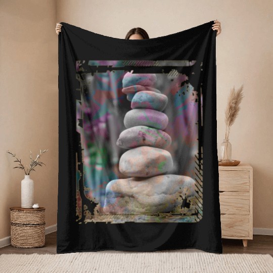 Japan Zen Buddhism Balancing Stones Rocks Bamboo Throw Blankets