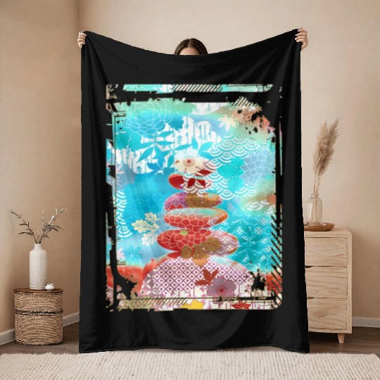 Japan Zen Buddhism Balancing Stones Rocks Cherry Throw Blankets