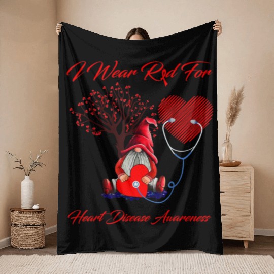 Gnomes I Wear Red For Heart Disease Awareness Throw Blankets