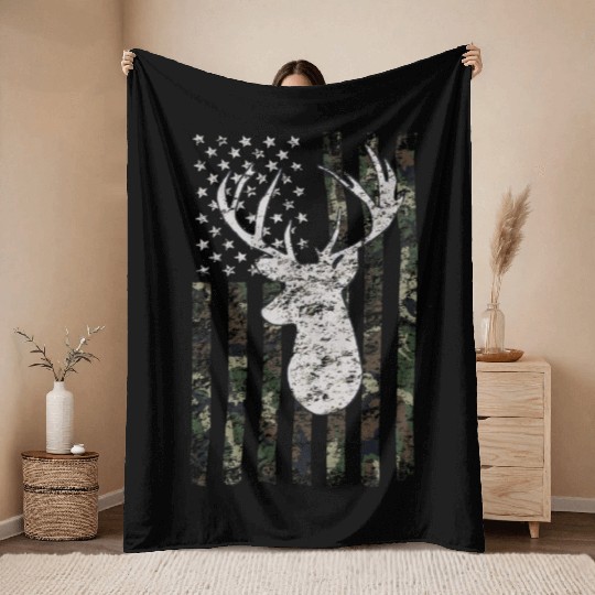 Buck Deer Hunting Camouflage Flag Hunter Throw Blankets
