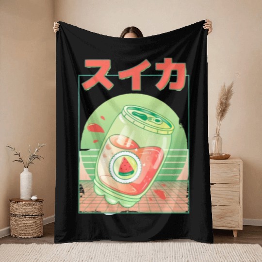 90s Japanese Watermelon Soda Vaporwave Throw Blankets
