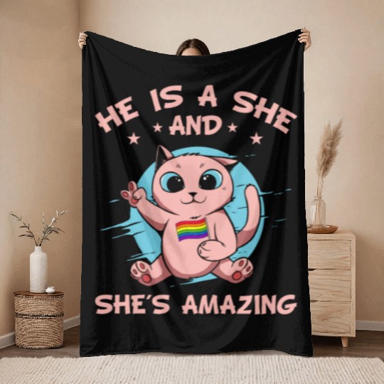 Cute Transgender Cat Kawaii Gay Pride Rainbow Throw Blankets