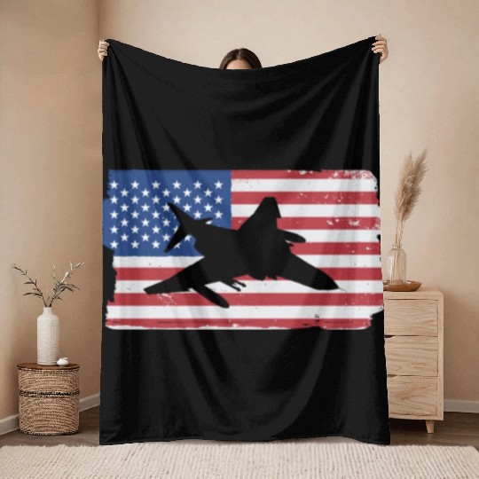 F-4 Phantom Fighter Jet American Flag F4 Phantom Throw Blankets