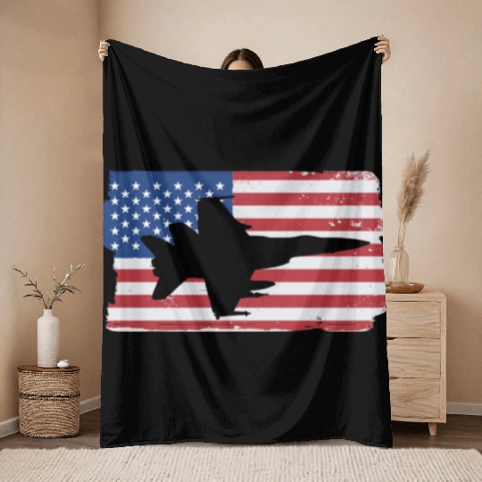 F-18 Hornet Fighter Jet American Flag F18 Hornet Throw Blankets