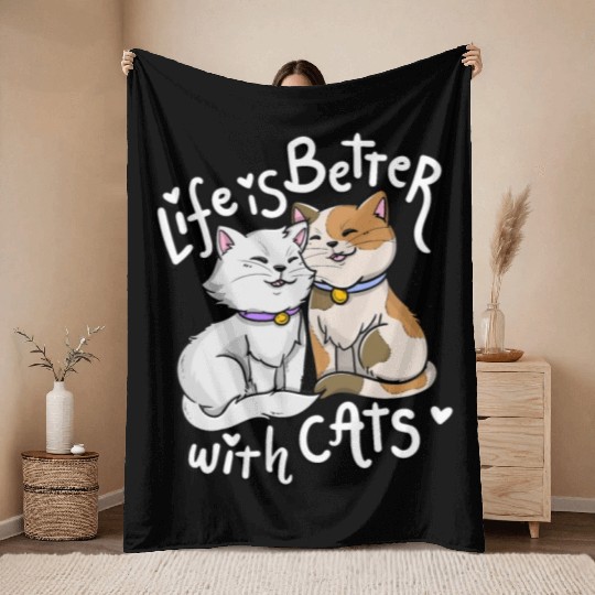 Valentine's Cat Lover Life Is Better With Cats mot Throw Blankets
