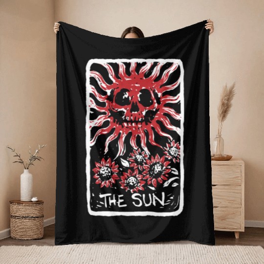 The Sun Blood Red Skeleton Skull Tarot Card Throw Blankets