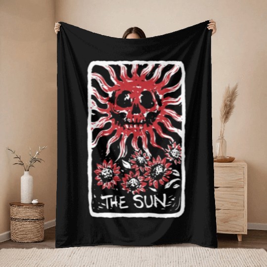 The Sun Blood Red Skeleton Skull Tarot Card Throw Blankets