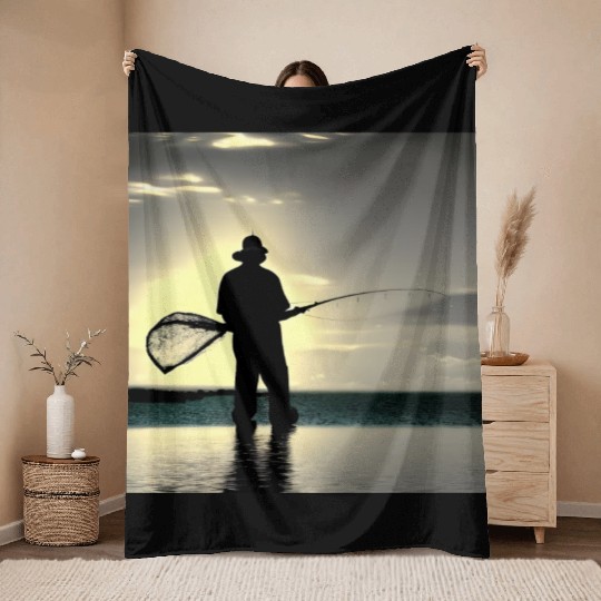 Fishing fish lifestyle fisherman with fishing rod Throw Blankets