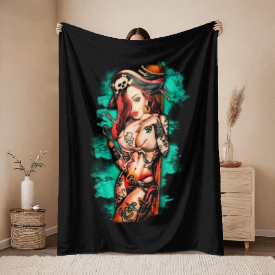 Pirate Pin-Up Tattoo Style Throw Blankets