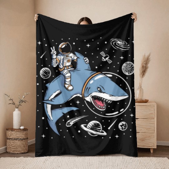 Astronaut riding shark in space Throw Blankets