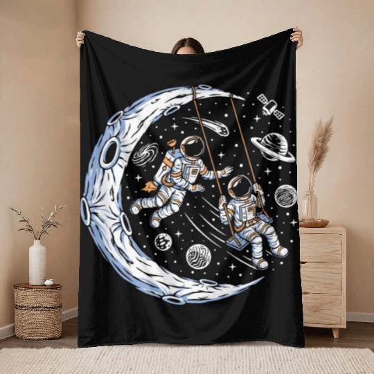Astronauts on swing on moon Throw Blankets